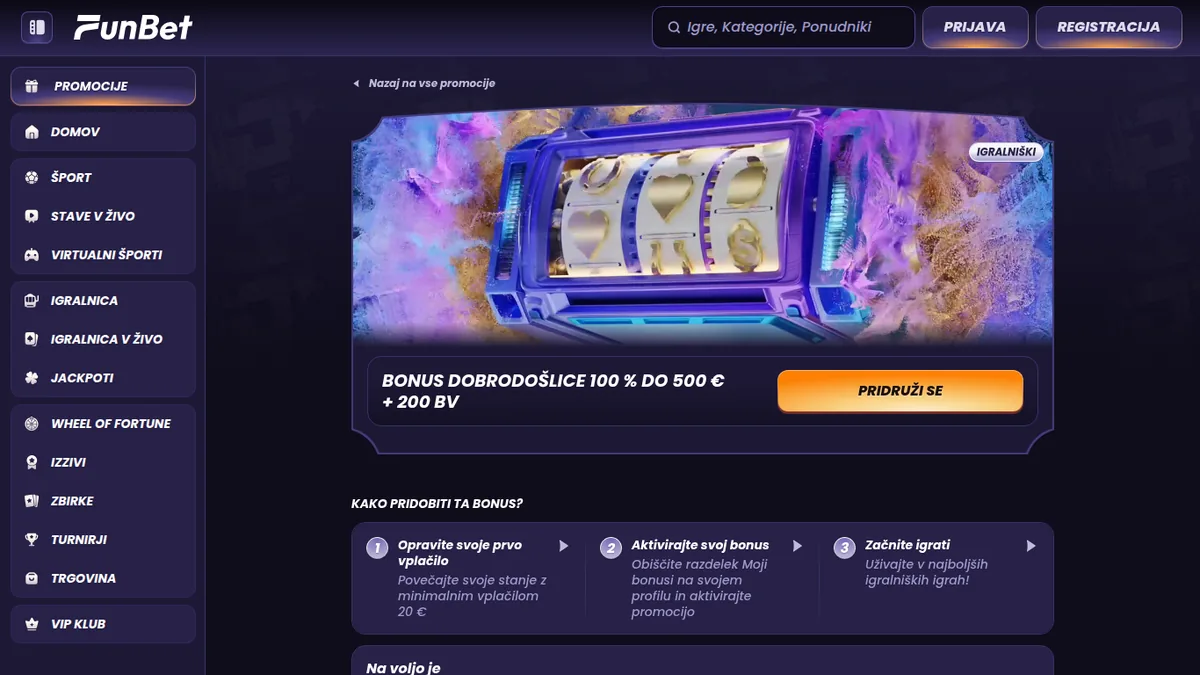 Bonus dobrodošlice Funbet: 100 % do 500 € in 200 brezplačnih vrtljajev