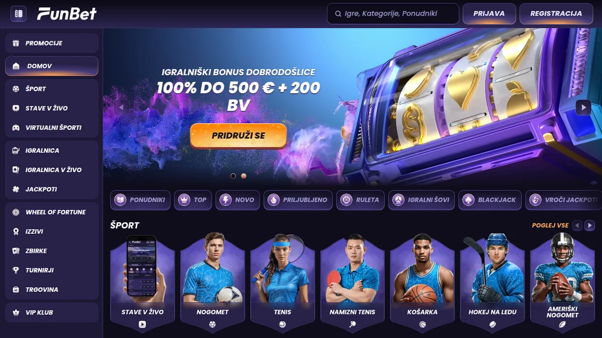 Vstopna stran Funbet z igralniškim bonusom 100 % do 500 € + 200 BV in športnim razdelkom