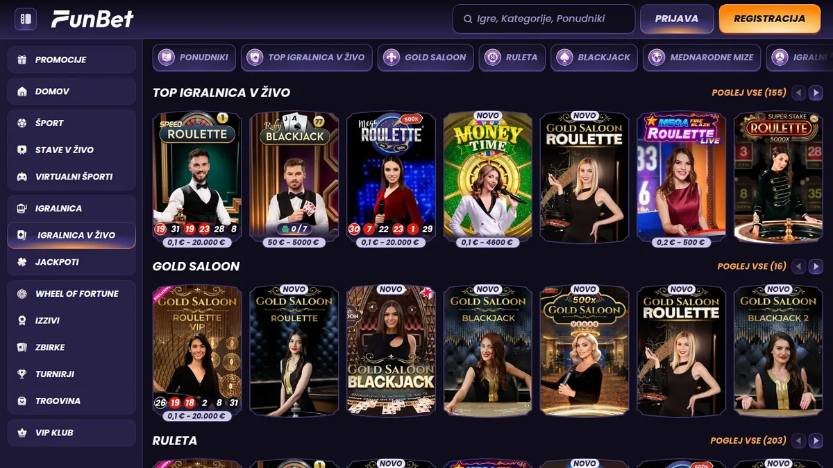 Igralnica v živo Funbet s 155 mizami in studiem Gold Saloon