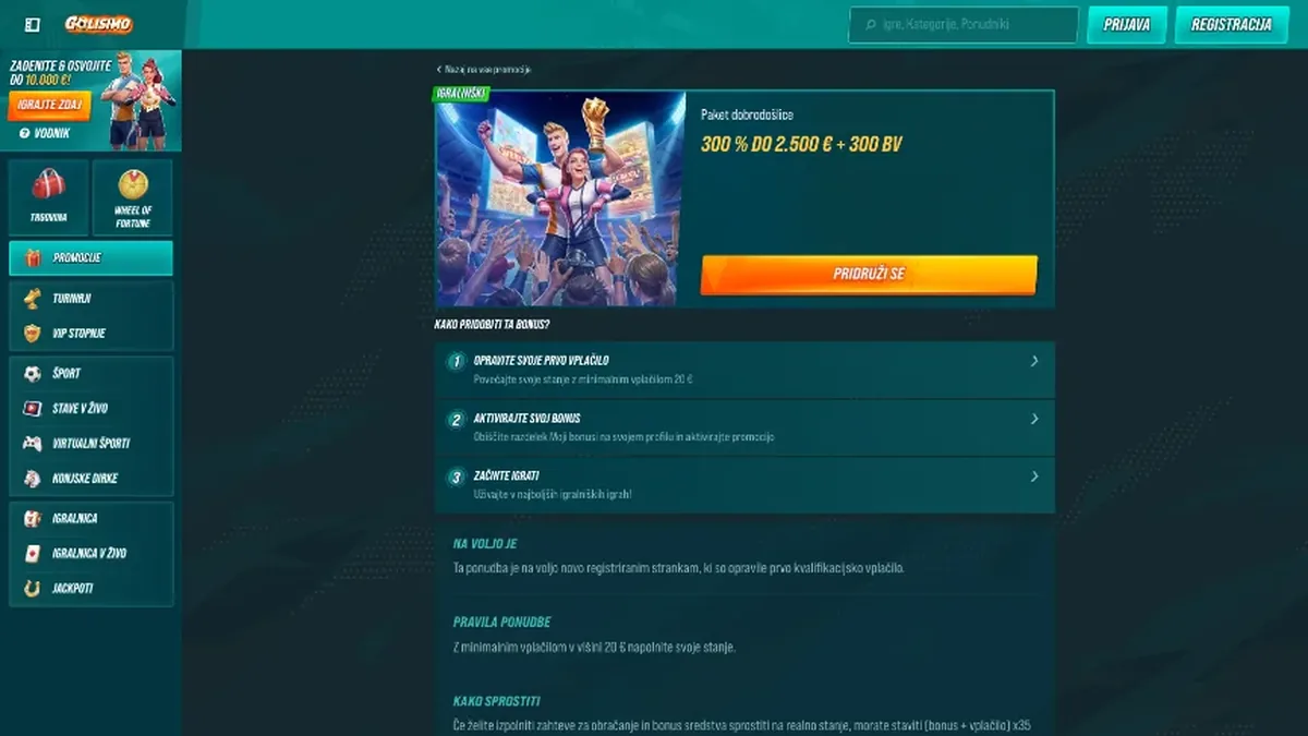 Bonus dobrodošlice Golisimo: paket 300 % do 2.500 € in 300 brezplačnih vrtljajev