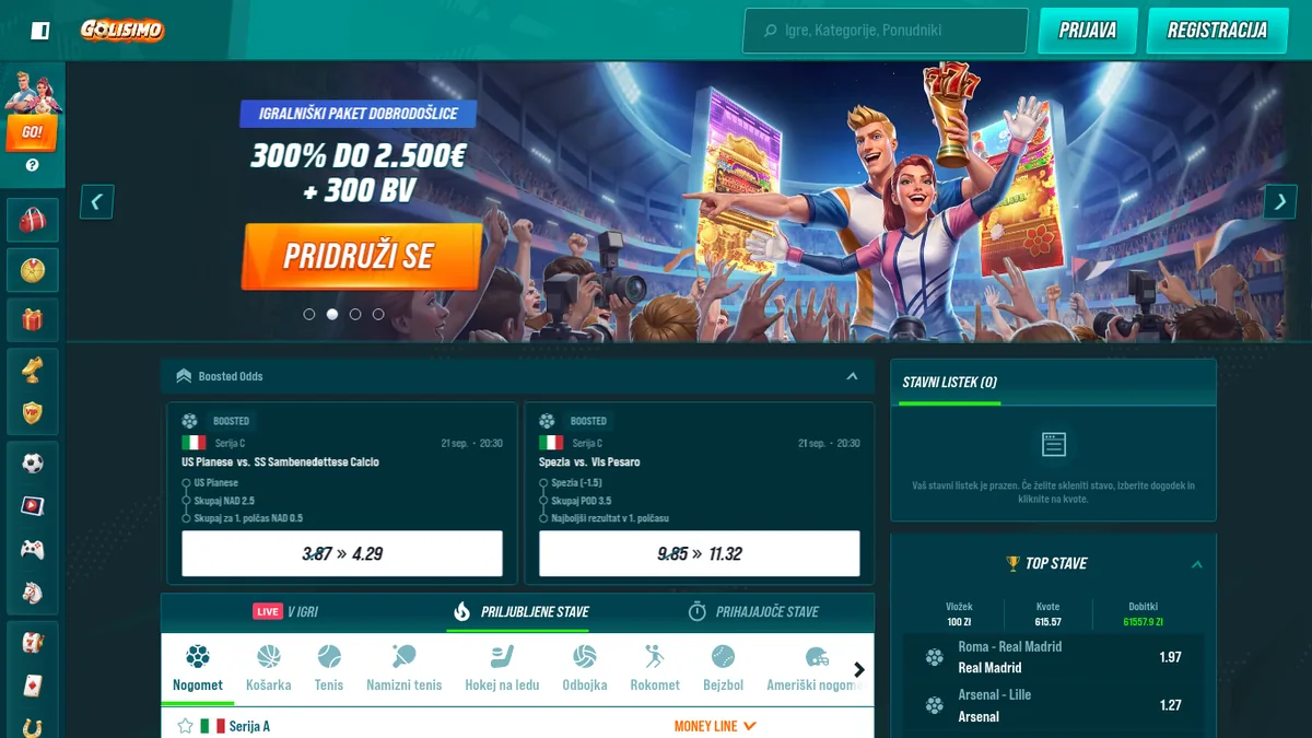 Vstopna stran Golisimo s športno stavnico, kvotami in paketom 300 % do 2.500 €