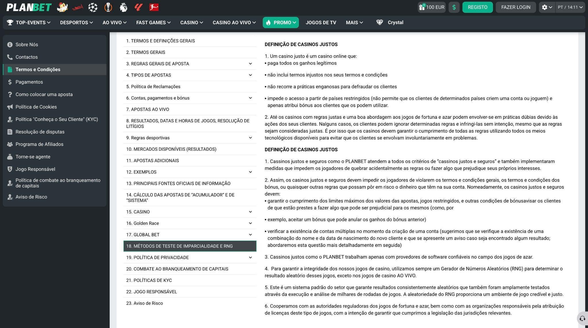 Splošni pogoji Planbet z informacijami o računih, stavah in odgovornem igranju
