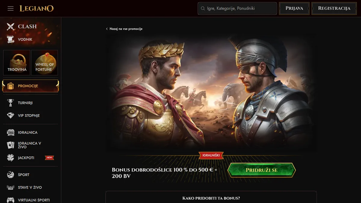 Bonus dobrodošlice Legiano: 100 % do 500 € in 200 brezplačnih vrtljajev