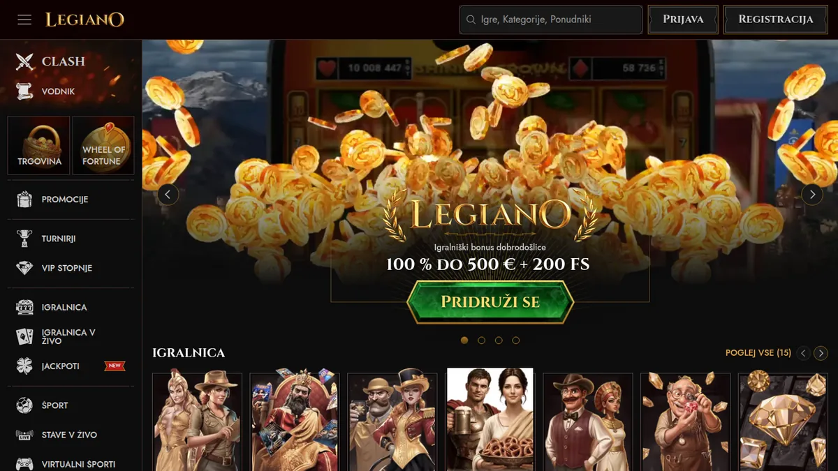 Vstopna stran Legiano z igralniškim bonusom 100 % do 500 € + 200 FS in igro Clash v meniju