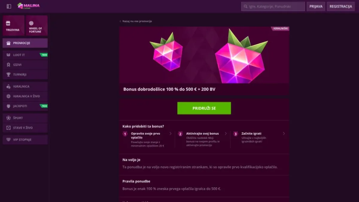 Bonus dobrodošlice Malina Casino: 100 % do 500 € in 200 brezplačnih vrtljajev