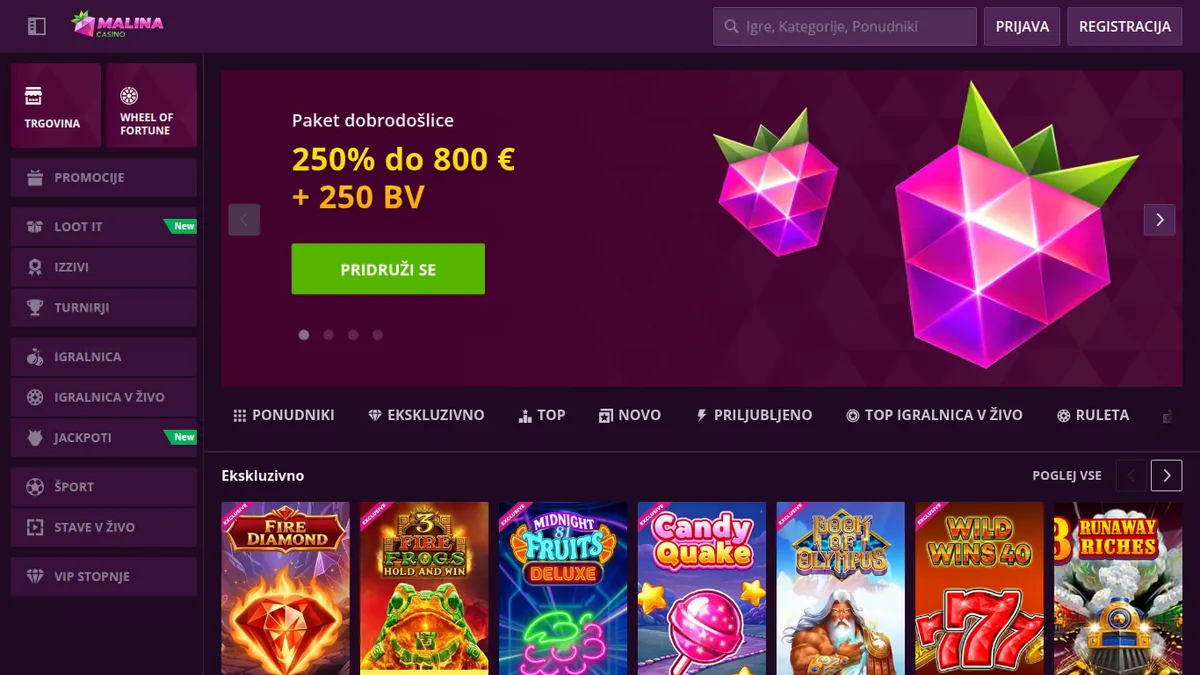 Vstopna stran Malina Casino s paketom 250 % do 800 € + 250 BV in menijem z »Loot it«