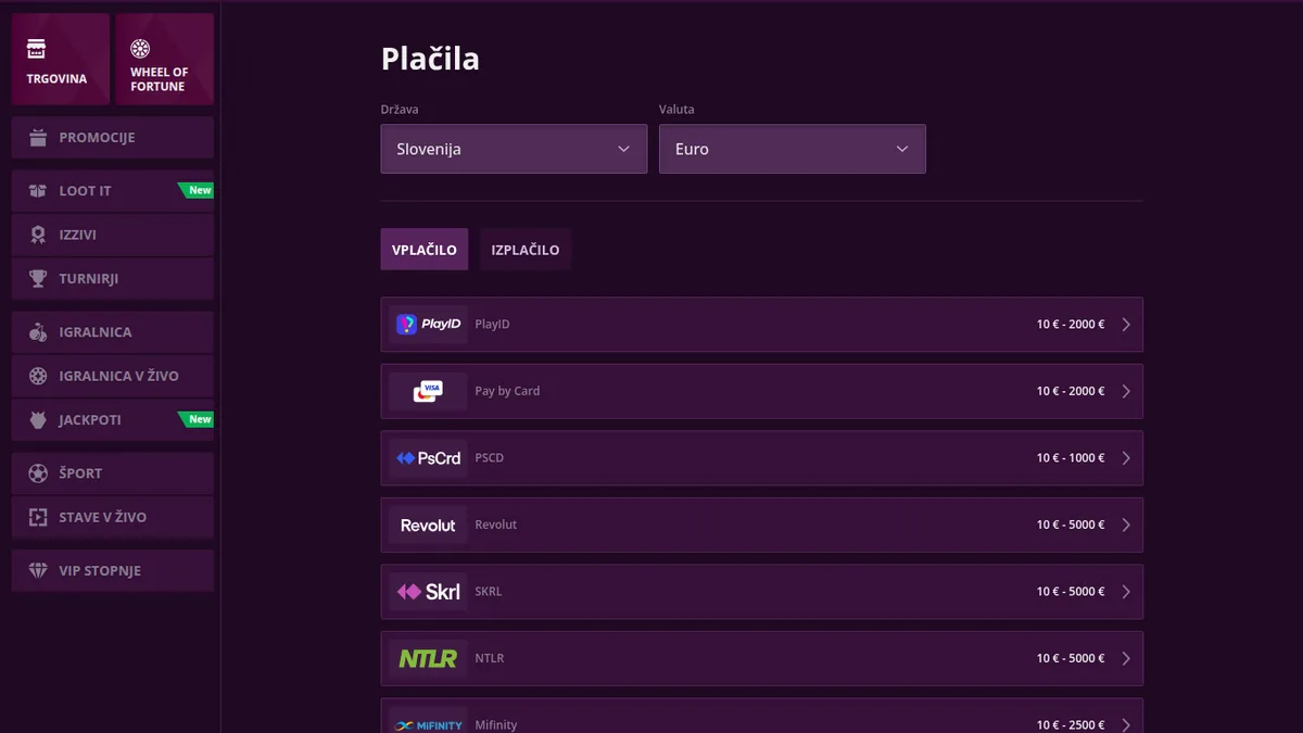 Stran s plačili Malina Casino z izbrano državo Slovenija in valuto evro