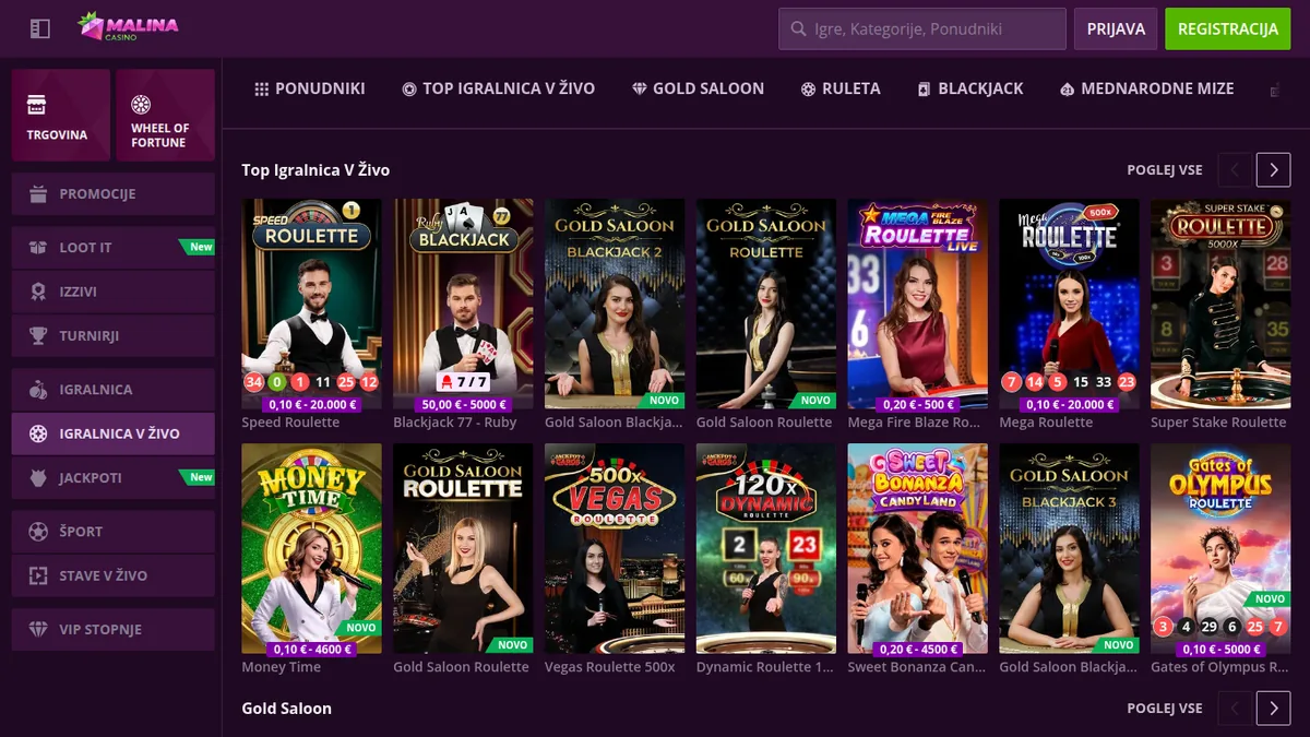 Igralnica v živo Malina Casino z igralnimi šovi Money Time in 500x Vegas