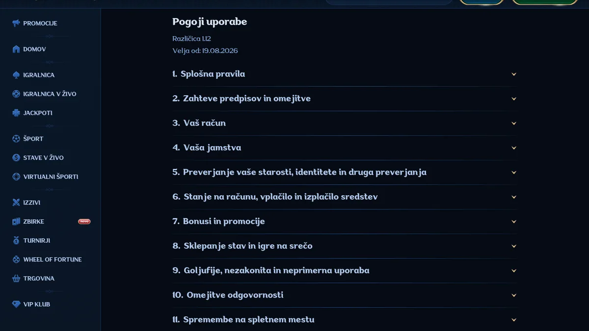 Pogoji uporabe Millioner, različica 1.12 z dne 19. 8. 2026