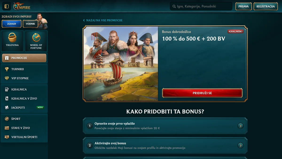 Bonus dobrodošlice MyEmpire: 100 % do 500 € in 200 brezplačnih vrtljajev
