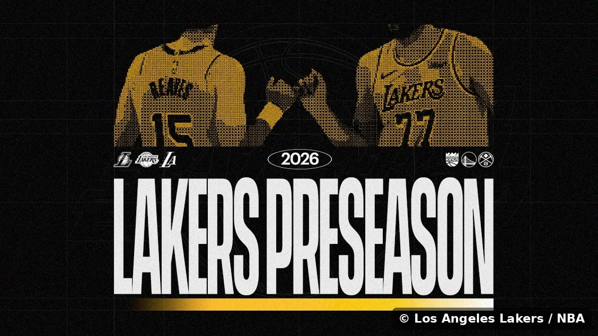 Grafika Lakers Preseason 2026 z dresoma Reavesa in Dončića