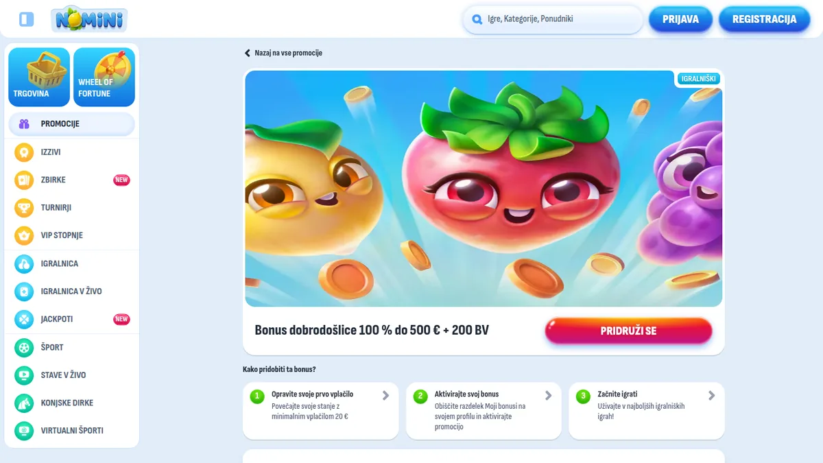 Stran akcije Nomini: bonus dobrodošlice 100 % do 500 € + 200 BV
