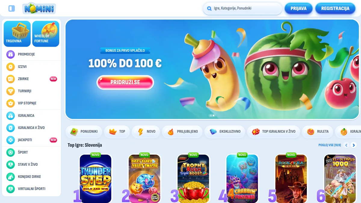 Vstopna stran Nomini s sadno pasico in menijem s konjskimi dirkami