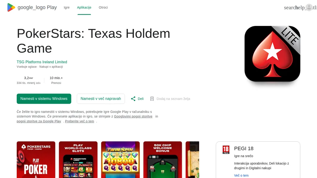 PokerStars aplikacija v slovenski trgovini Google Play: PokerStars LITE z igralnim denarjem