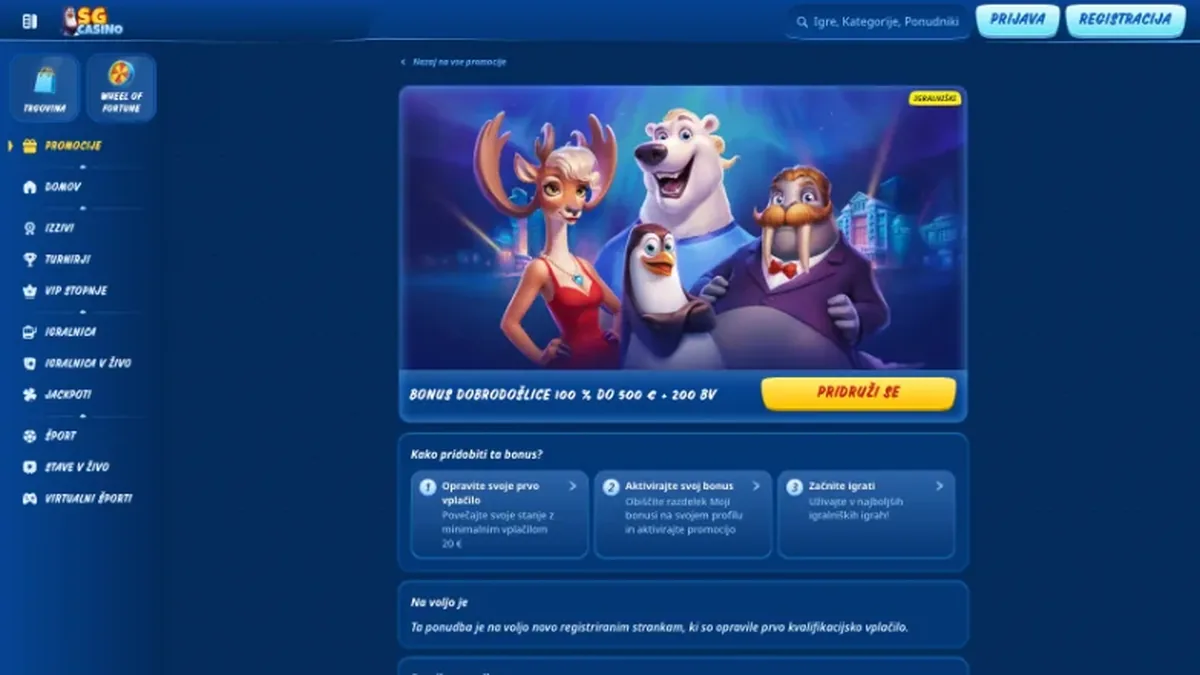 Bonus dobrodošlice SG Casino: 100 % do 500 € in 200 brezplačnih vrtljajev