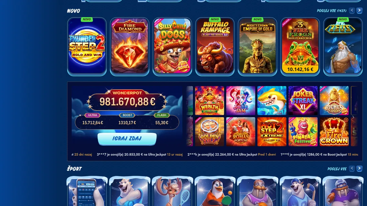 Igralnica SG Casino z razdelkom Novo s 1.427 igrami in jackpotom Wonderpot