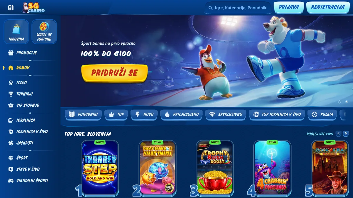 Vstopna stran SG Casino s polarnim medvedom in pingvinom ter športnim bonusom