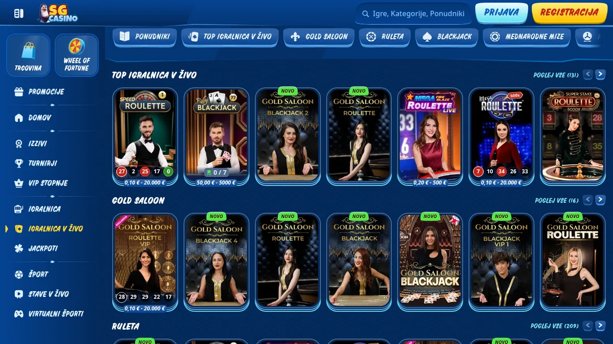 Igralnica v živo SG Casino s 131 mizami in studiem Gold Saloon