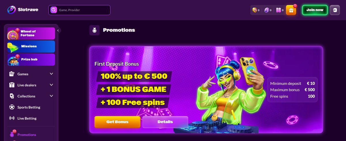 Slotrave promocije – prvi polog 100 % do 500 €, najnižji vložek 10 evrov