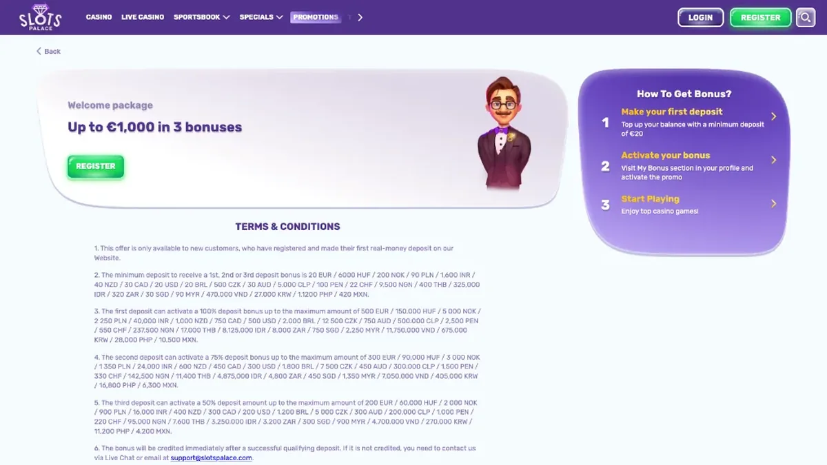 Bonus dobrodošlice SlotsPalace: 100 % do 500 € za prvi polog