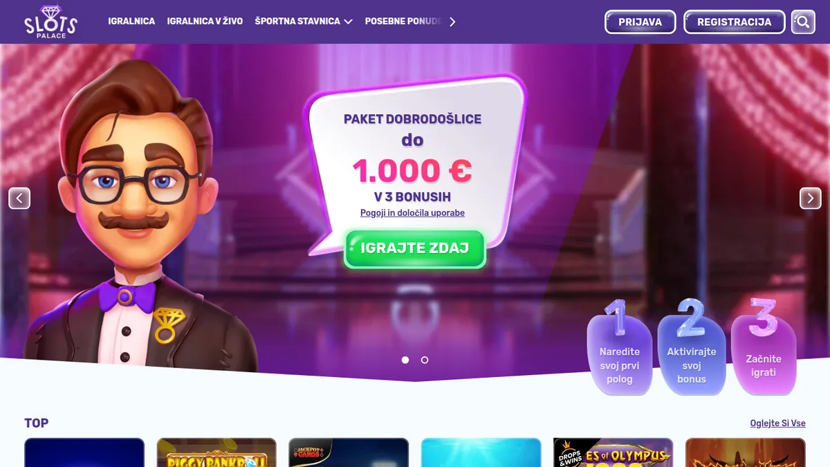 Vstopna stran SlotsPalace z maskoto vratarja in paketom do 1.000 € v treh bonusih