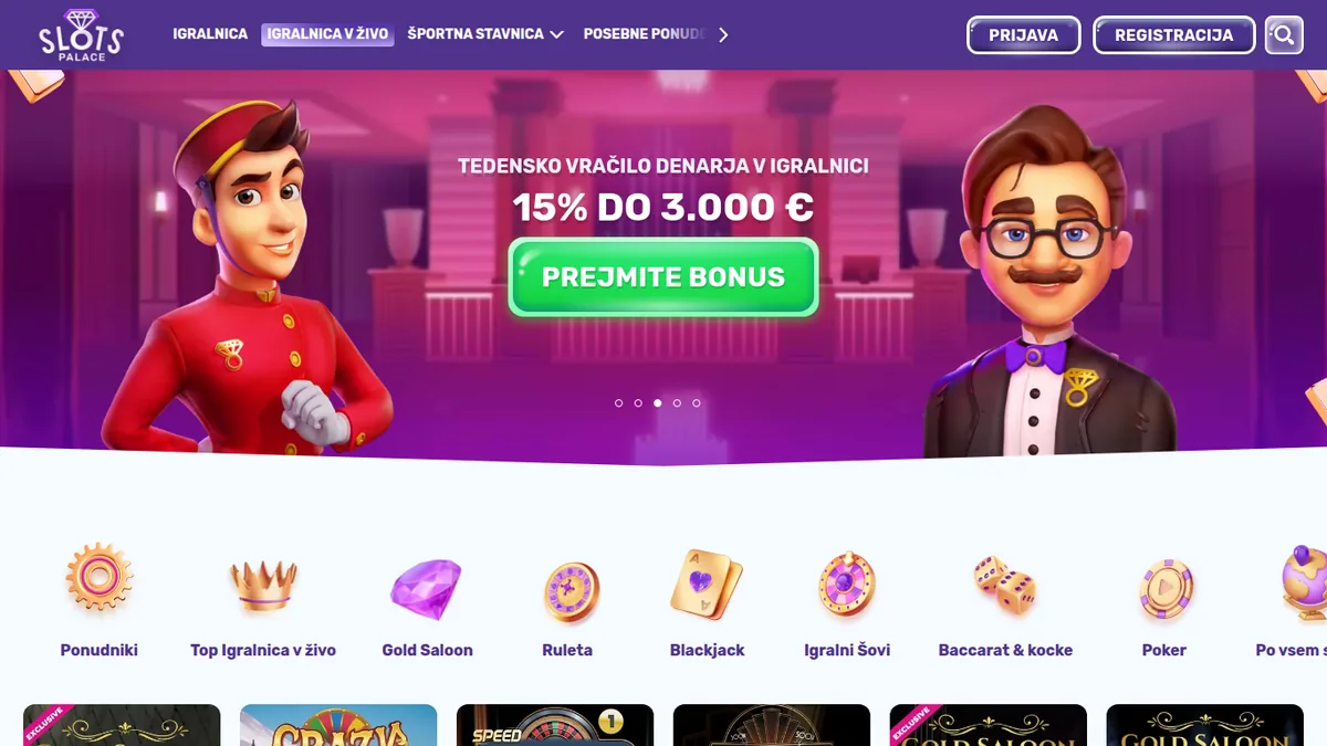 Igralnica v živo SlotsPalace s tedenskim vračilom 15 % do 3.000 €