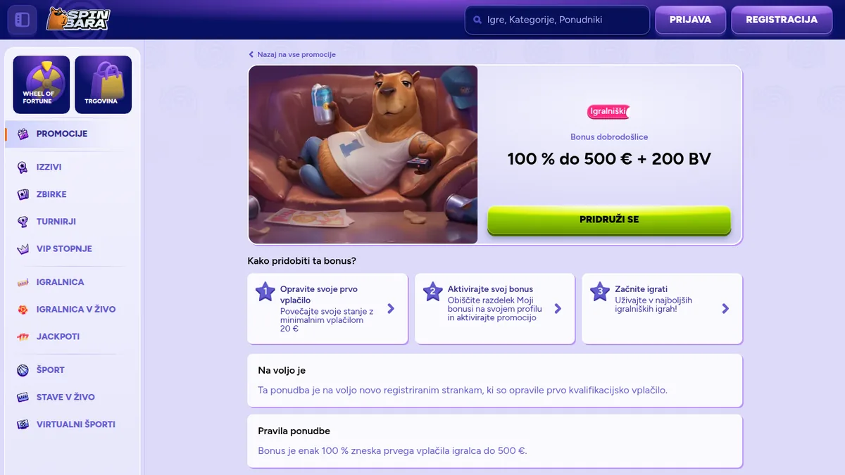 Stran akcije Spinbara: bonus dobrodošlice 100 % do 500 € + 200 BV s pravili ponudbe