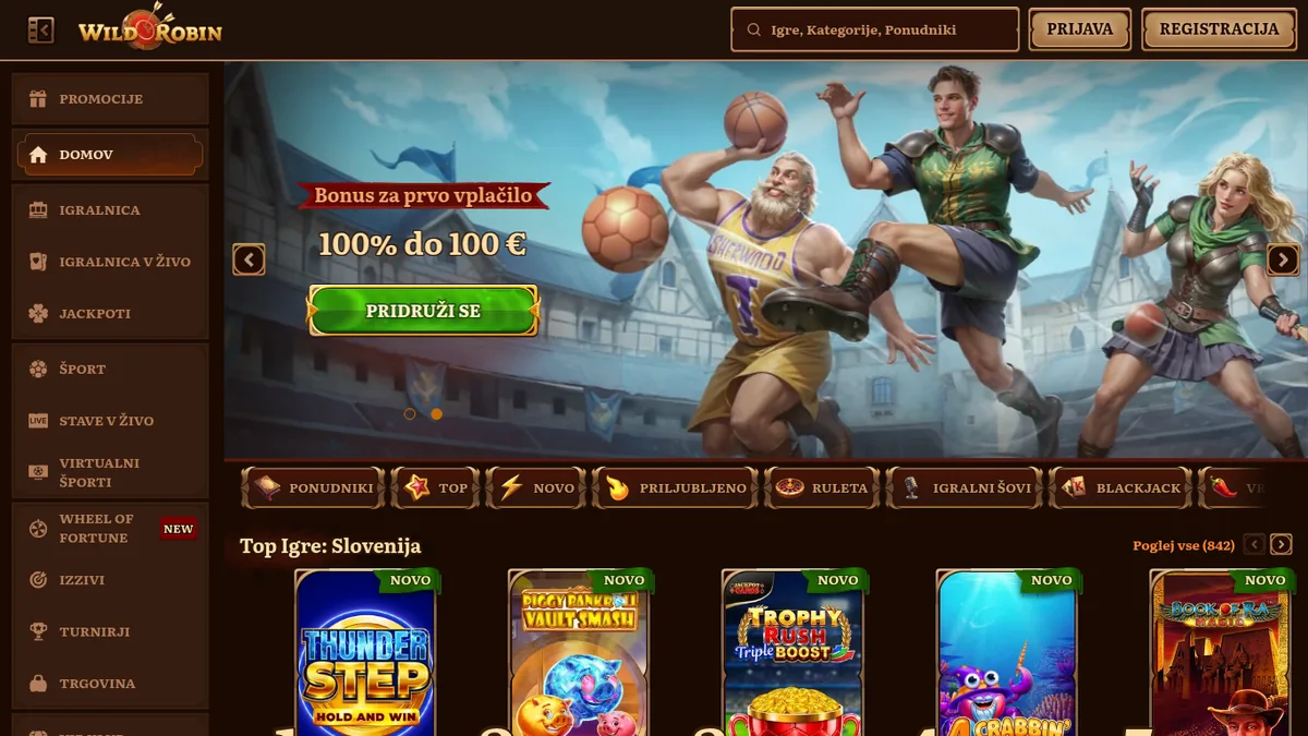 Vstopna stran WildRobin z gozdno podobo in športnim bonusom 100 % do 100 €